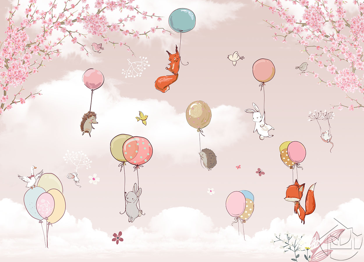 Фотообои Для девочек Детский фон лесные зверушки и воздушные шарики - арт  003010014 | Купить в интернет-магазине Фото в дом