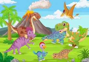 Радостные динозавры возле вулкана