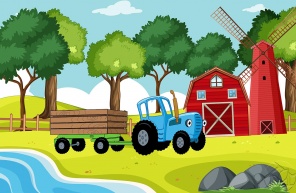 Синий трактор на ферме