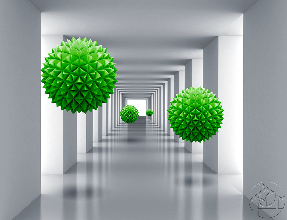 3D абстракция зелёная сфера в сером коридоре