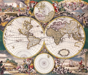 Красивая старинная Карта украшенная аллегорическими сюжетами