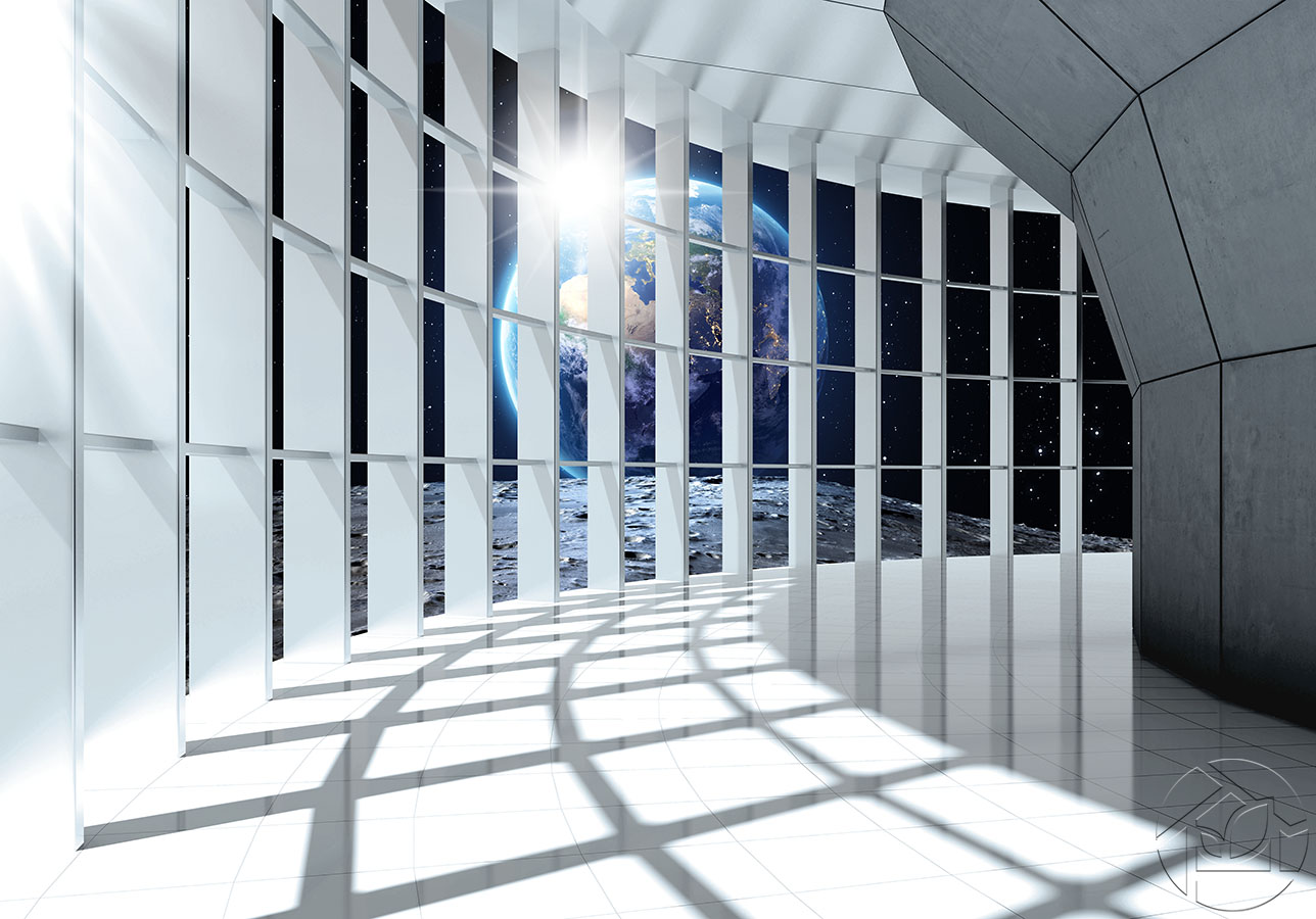 3D архитектурный дизайн интерьера с видом на космос