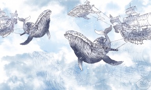 киты тянут корабль в облаках