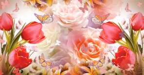 Бабочки сидят на тюльпанах и розах 3Д