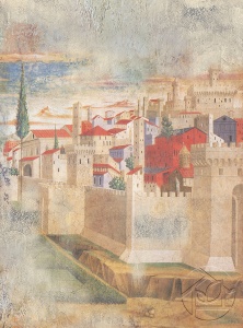 Средневековый город с высокими белыми стенами