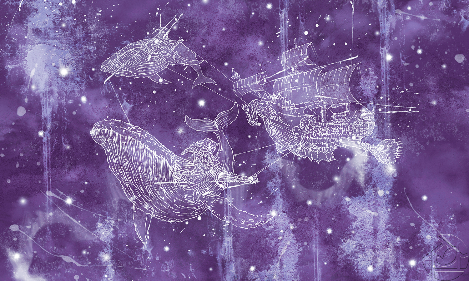 кит и корабль на фиолетовом фоне в звездах
