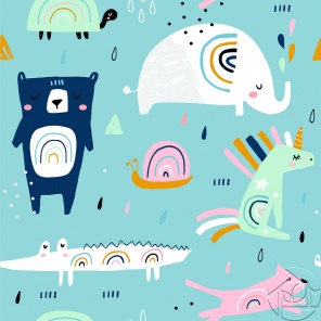 Рисунок зверушки под дождичком на голубом фоне