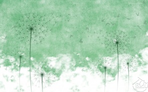 Рисунок одуванчики в облаках на зеленом фоне