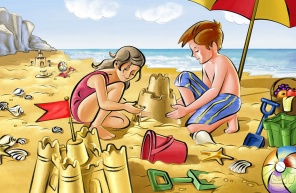 Дети на море строят песчаный замок