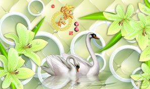 Два лебедя и зеленые лилии