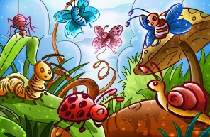Детский рисунок бабочки и букашки в траве