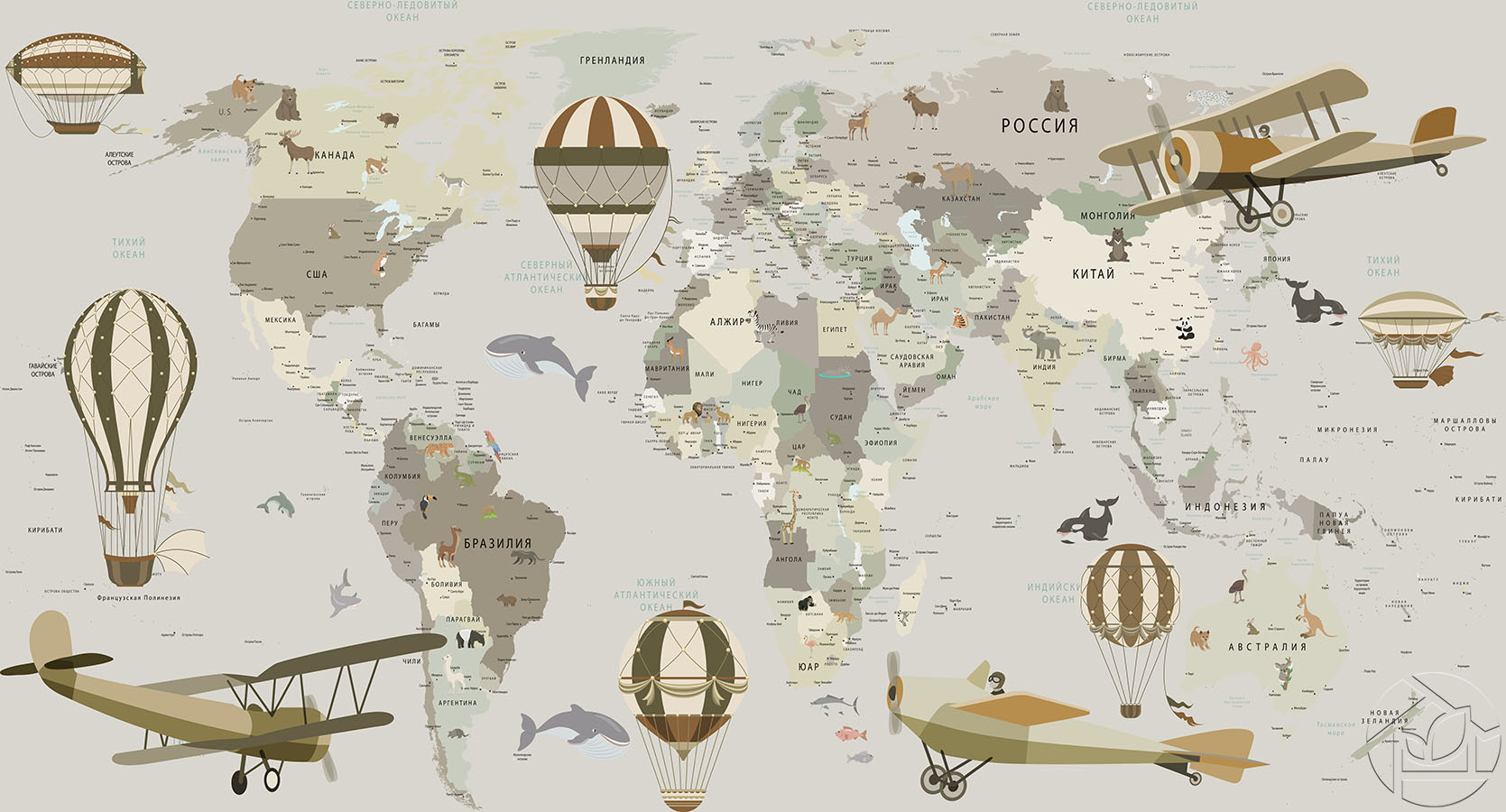 Карта Мира на фоне самолётов и воздушных шаров