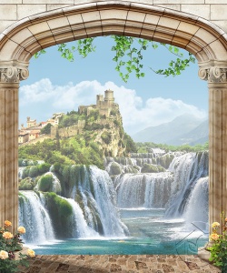 Вид через арку на замок окружённый водопадами