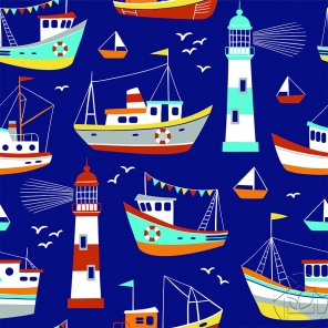 Детская иллюстрация маяки и корабли на тёном фоне