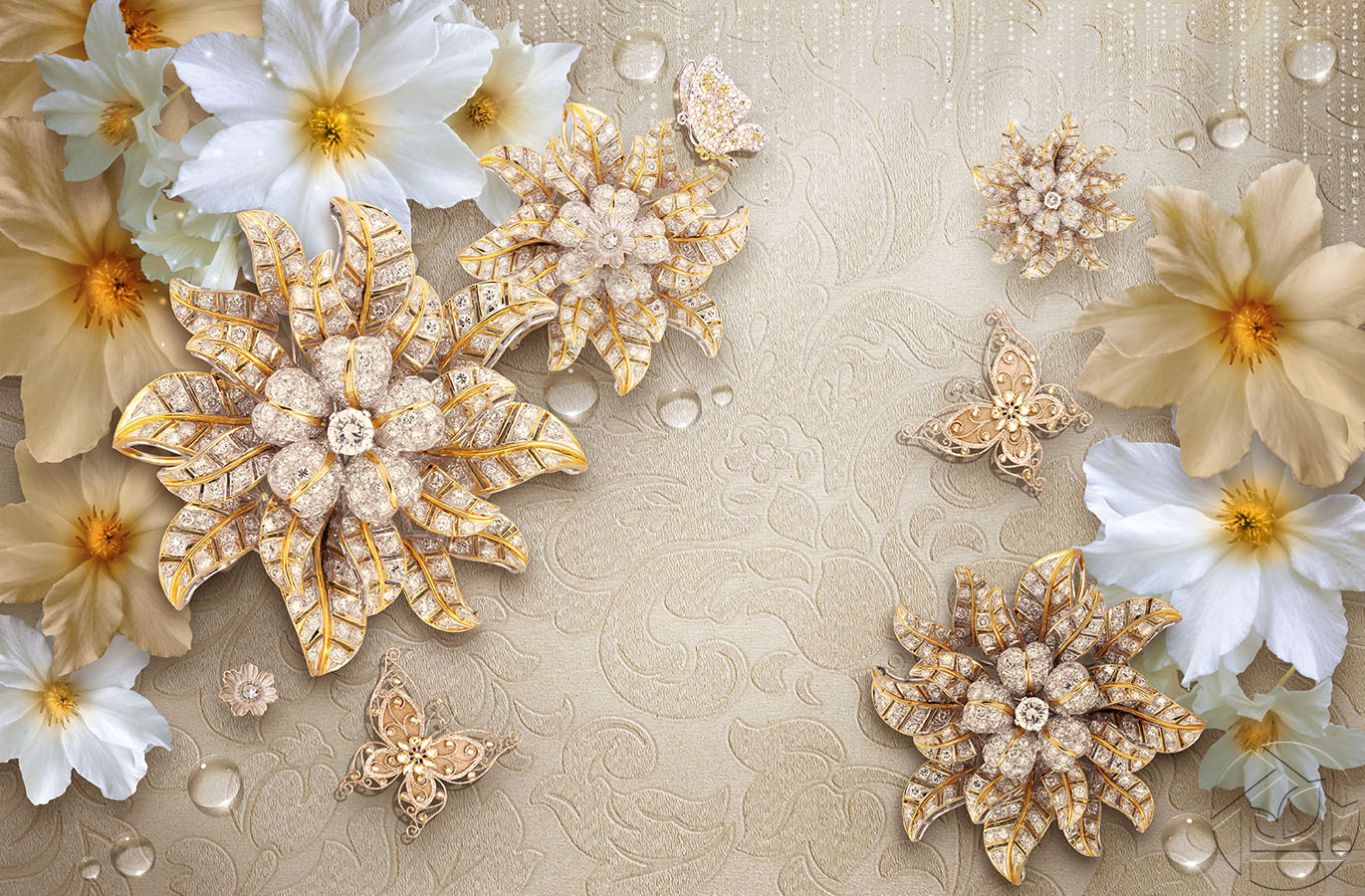 3D золотистые цветы в украшениях