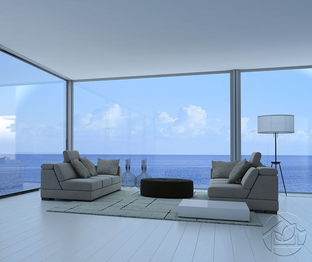 Интерьер современной гостинной с видом на море