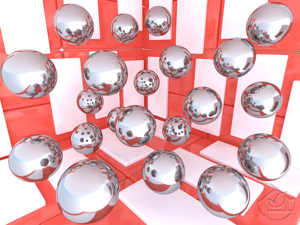 3D зеркальные шары на алом фоне