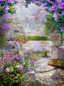 Цветущий сад с мостиком