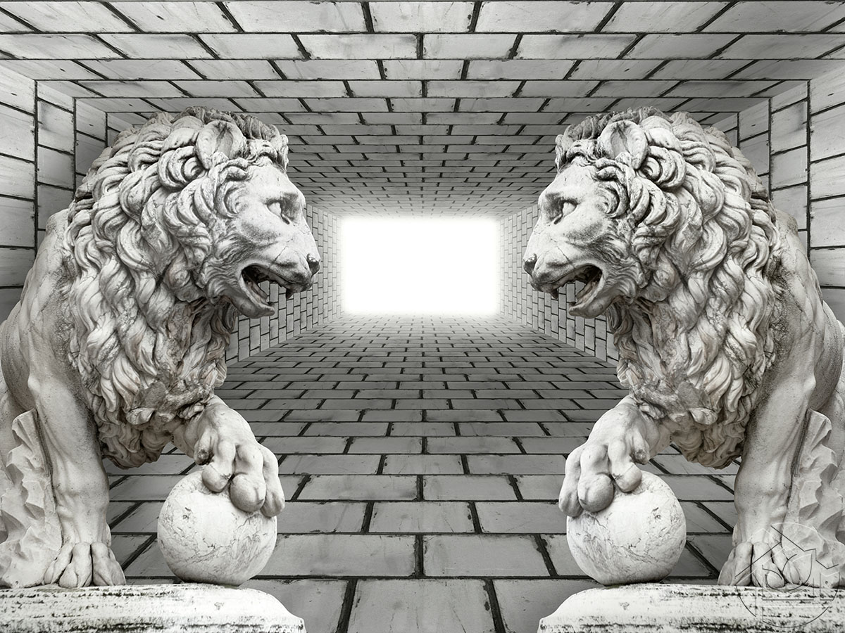 Статуи львов на фоне 3D Тоннеля