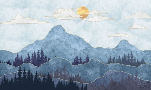 Восточная живопись Золотистое солнце в горах