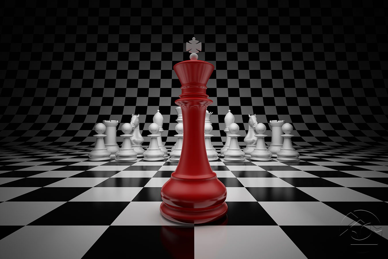 3D абстракция шахматной партии с красной королевой