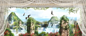 Вид из окна на красивый водопад и летящих птиц