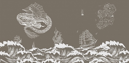 Китайский дракон над волнами на коричневом фоне