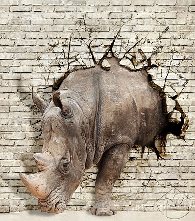 3D абстракция Носорог и кирпичная стена