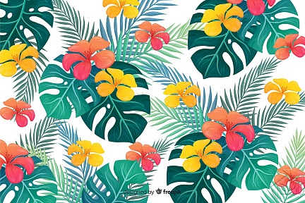 Тропические цветы на фоне пальмовых листьев