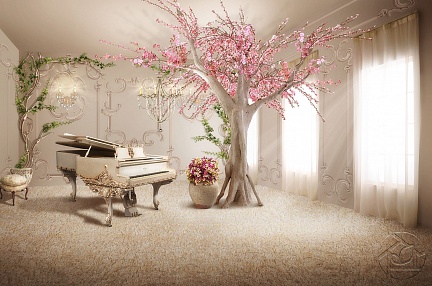 Рояль и дерево в розовых цветах