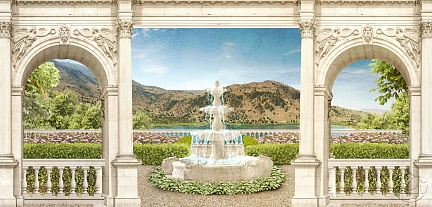 Вид с террасы на белоснежный фонтан