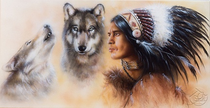 индейский воин и два волка
