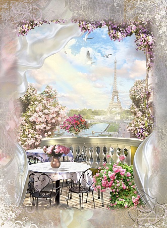 Цветочный балкон с видом на Париж