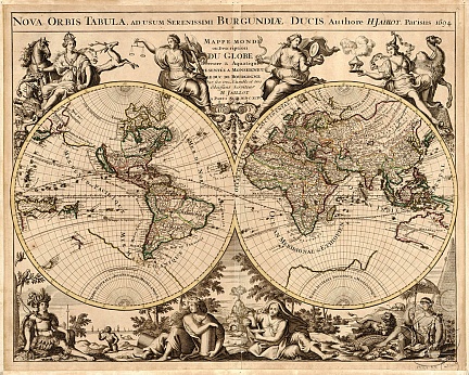 Старинная карта Мира с рисунками, Париж 1694г