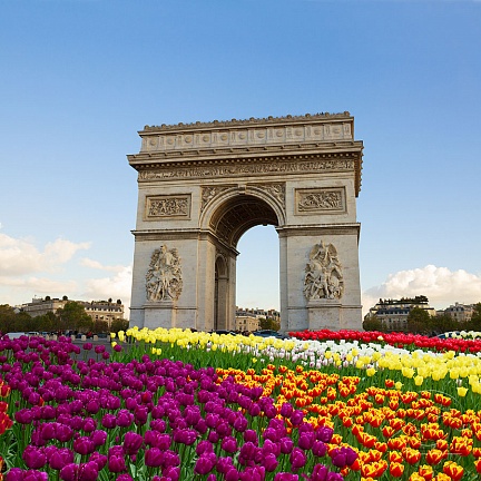 Триумфальная арка в в Париже на фоне радужных тюльпанов
