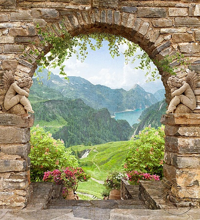 Вид на горный пейзаж через арку