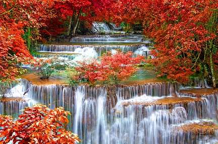 Каскадный водопад у красных деревьев