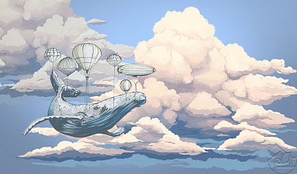 Воздушные шары и кит в облаках