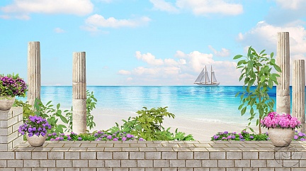 Вид с балкона на белоснежный пляжи парусник