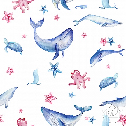 Акварель дельфин и голубой кит