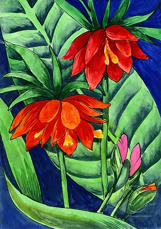тропические цветы гуаш