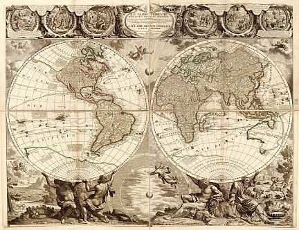 Старинная французская карта земного шара в двух плоскостях