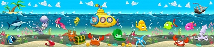Иллюстрация детская экскурсия в подводной лодке под водой