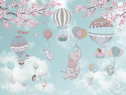 Детский фон зверушки в облаках и воздушные шарики