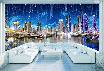 Белая террасса с мебелью с видом на звёздную Дубай Марину
