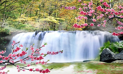Ветки сакуры на фоне водопада