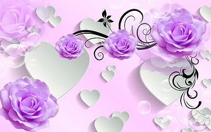 Фиолетовые розочки на фоне сердец