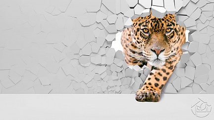 3D леопард разбивает стену