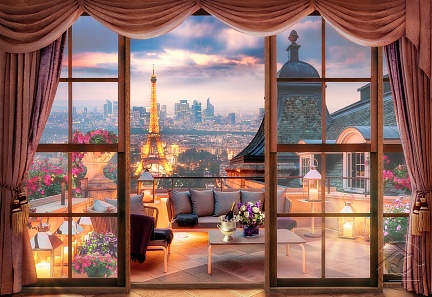 Отдых на балконе с видом на вечерний Париж