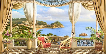 Балкон с цаскими креслами с видом на красивую бухту